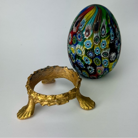 Murano Millefiori Satin Matte Glass Paperweight Egg on brass stand. - Picture 4 of 6